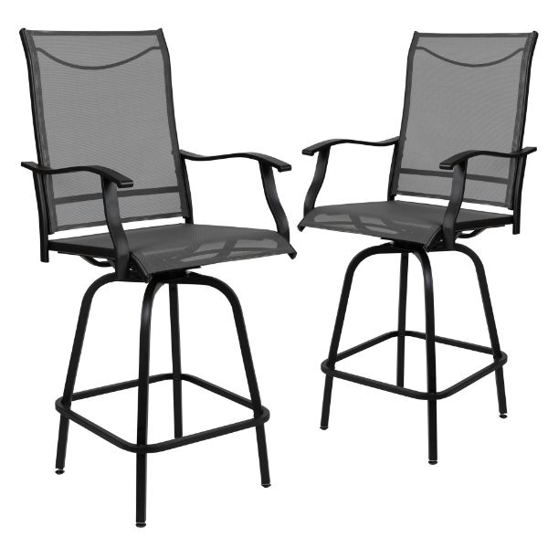 Valerie Patio Bar Height Stools Set of 2, All-Weather Textilene Swivel Patio Stools with High Back & Armrests in Gray 2-ET-SWVLPTO-30-GR-GG