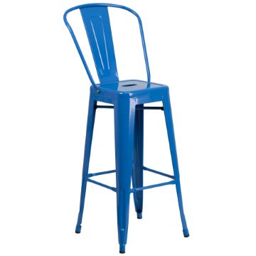 Kai Commercial Grade 30" High Blue Metal Indoor-Outdoor Barstool with Removable Back CH-31320-30GB-BL-GG Kai Commercial Grade 30" High Blue Metal Indoor-Outdoor Barstool with Removable Back CH-31320-30GB-BL-GG