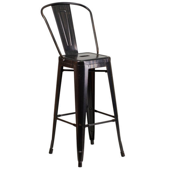 Kai Commercial Grade 30" High Black-Antique Gold Metal Indoor-Outdoor Barstool with Removable Back CH-31320-30GB-BQ-GG