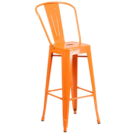 Kai Commercial Grade 30" High Orange Metal Indoor-Outdoor Barstool with Removable Back CH-31320-30GB-OR-GG