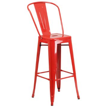 Kai Commercial Grade 30" High Red Metal Indoor-Outdoor Barstool with Removable Back CH-31320-30GB-RED-GG Kai Commercial Grade 30" High Red Metal Indoor-Outdoor Barstool with Removable Back CH-31320-30GB-RED-GG