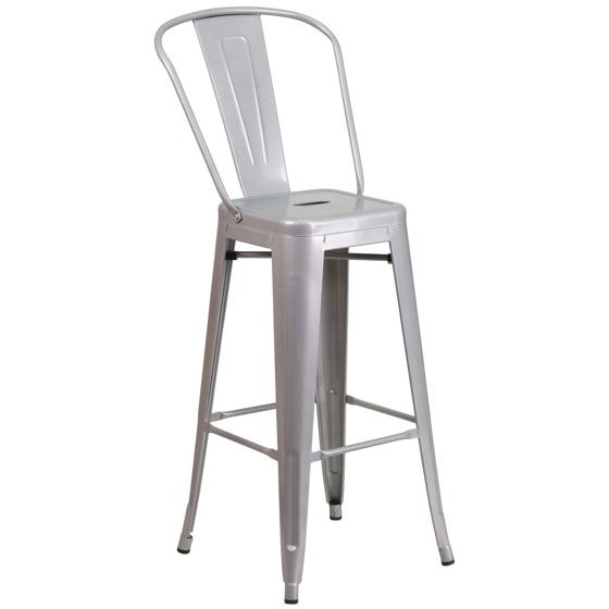 Kai Commercial Grade 30" High Silver Metal Indoor-Outdoor Barstool with Removable Back CH-31320-30GB-SIL-GG