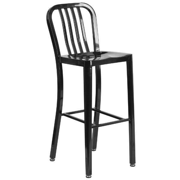 Gael Commercial Grade 30" High Black Metal Indoor-Outdoor Barstool with Vertical Slat Back CH-61200-30-BK-GG