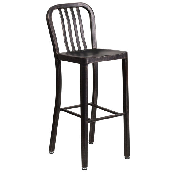 Gael Commercial Grade 30" High Black-Antique Gold Metal Indoor-Outdoor Barstool with Vertical Slat Back CH-61200-30-BQ-GG