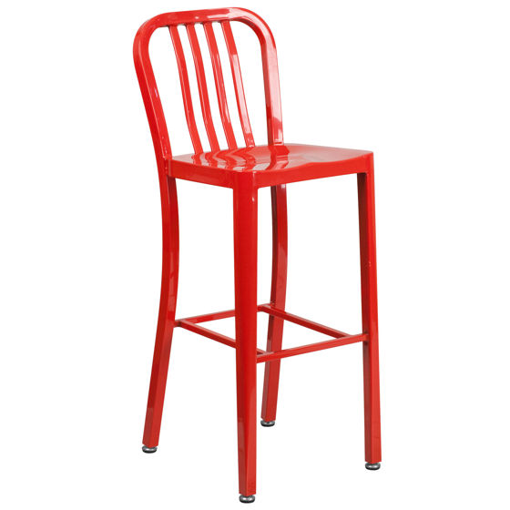 Gael Commercial Grade 30" High Red Metal Indoor-Outdoor Barstool with Vertical Slat Back CH-61200-30-RED-GG