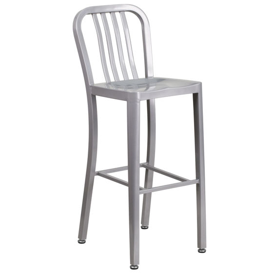 Gael Commercial Grade 30" High Silver Metal Indoor-Outdoor Barstool with Vertical Slat Back CH-61200-30-SIL-GG