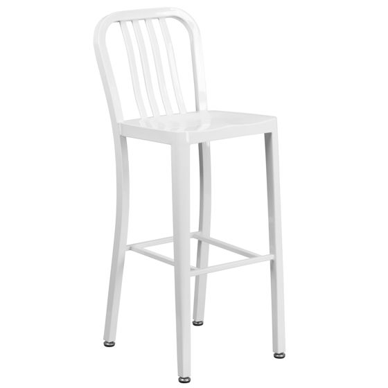 Gael Commercial Grade 30" High White Metal Indoor-Outdoor Barstool with Vertical Slat Back CH-61200-30-WH-GG