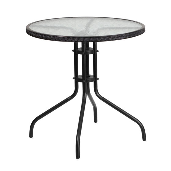 Barker 28'' Round Tempered Glass Metal Table with Black Rattan Edging TLH-087-BK-GG