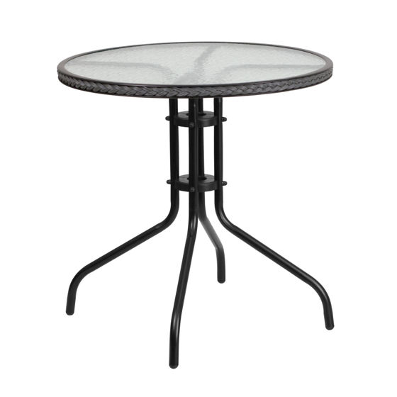 Barker 28'' Round Tempered Glass Metal Table with Gray Rattan Edging TLH-087-GY-GG
