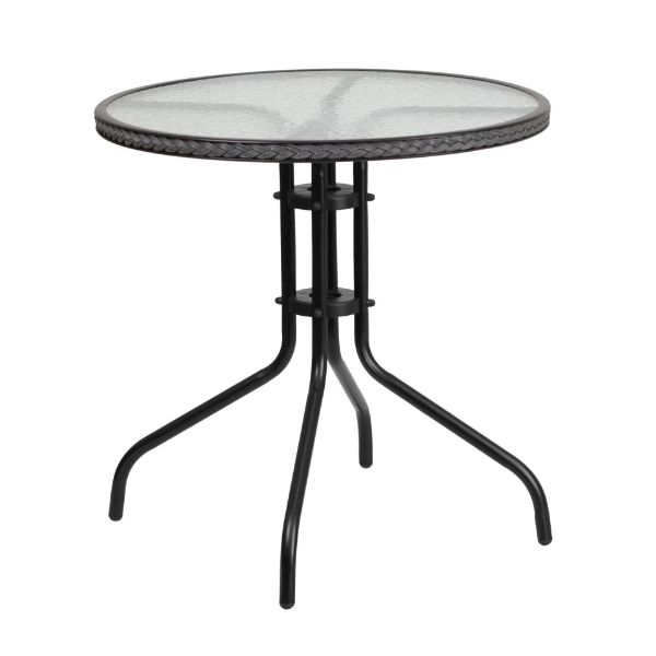 Barker 28'' Round Tempered Glass Metal Table with Gray Rattan Edging TLH-087-GY-GG