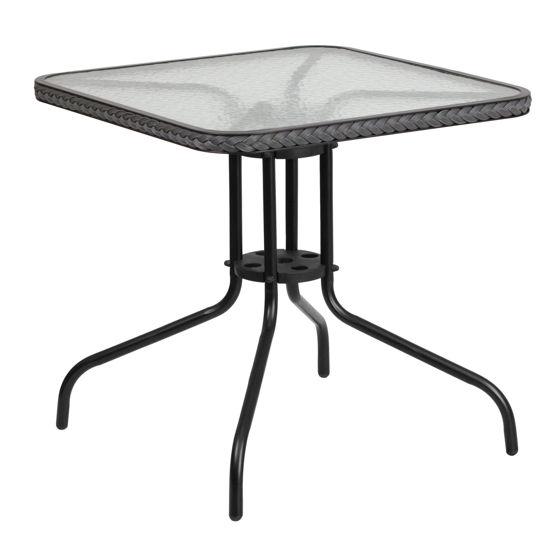 Barker 28'' Square Tempered Glass Metal Table with Gray Rattan Edging TLH-073R-GY-GG