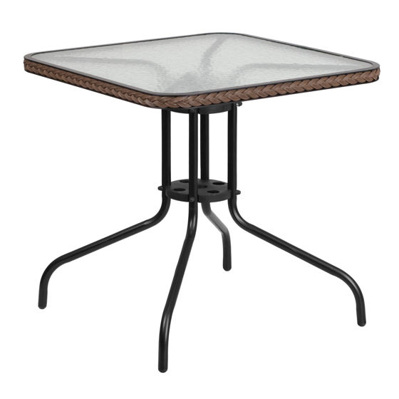 Barker 28'' Square Tempered Glass Metal Table with Dark Brown Rattan Edging TLH-073R-DK-BN-GG