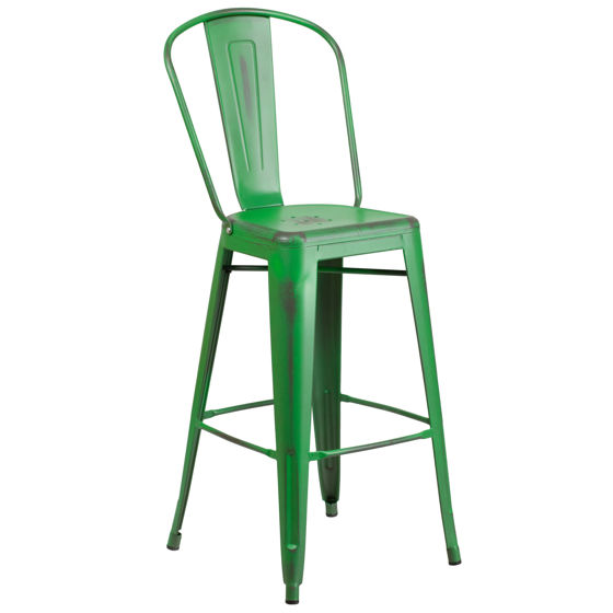 Commercial Grade 30" High Distressed Green Metal Indoor-Outdoor Barstool with Back ET-3534-30-GN-GG