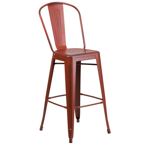 Commercial Grade 30" High Distressed Kelly Red Metal Indoor-Outdoor Barstool with Back ET-3534-30-RD-GG