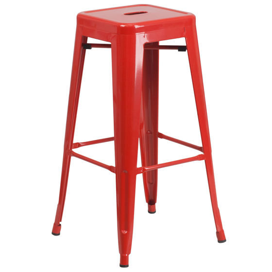 Kai Commercial Grade 30" High Backless Red Metal Indoor-Outdoor Barstool with Square Seat CH-31320-30-RED-GG