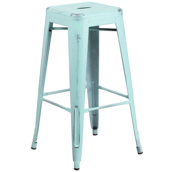 Kai Commercial Grade 30" High Backless Distressed Green-Blue Metal Indoor-Outdoor Barstool ET-BT3503-30-DB-GG