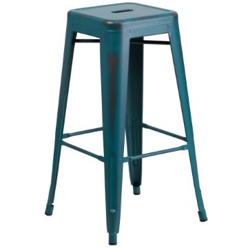 Kai Commercial Grade 30" High Backless Distressed Kelly Blue-Teal Metal Indoor-Outdoor Barstool ET-BT3503-30-KB-GG Kai Commercial Grade 30" High Backless Distressed Kelly Blue-Teal Metal Indoor-Outdoor Barstool ET-BT3503-30-KB-GG