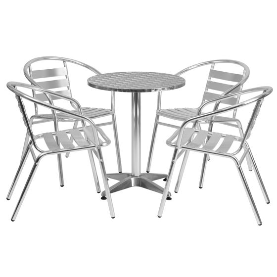 Lila 23.5'' Round Aluminum Indoor-Outdoor Table Set with 4 Slat Back Chairs TLH-ALUM-24RD-017BCHR4-GG