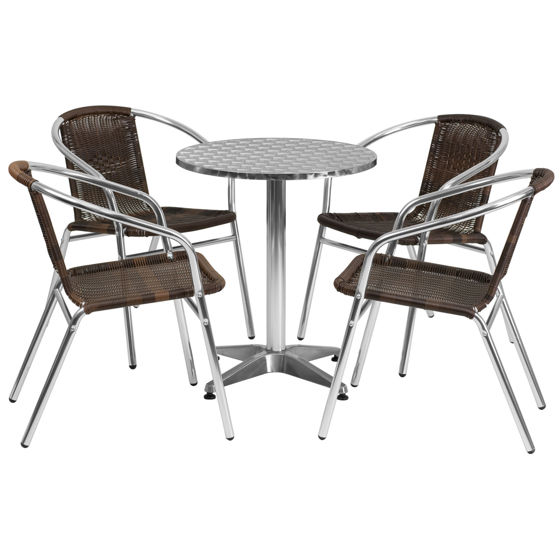 Lila 23.5'' Round Aluminum Indoor-Outdoor Table Set with 4 Dark Brown Rattan Chairs TLH-ALUM-24RD-020CHR4-GG