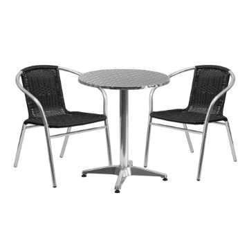 Lila 23.5'' Round Aluminum Indoor-Outdoor Table Set with 2 Black Rattan Chairs TLH-ALUM-24RD-020BKCHR2-GG Lila 23.5'' Round Aluminum Indoor-Outdoor Table Set with 2 Black Rattan Chairs TLH-ALUM-24RD-020BKCHR2-GG