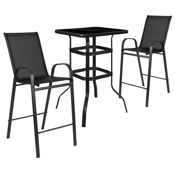 Brazos Outdoor Dining Set - 2-Person Bistro Set - Brazos Outdoor Glass Bar Table with Black All-Weather Patio Stools TLH-073H092H-B-GG