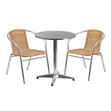 Lila 23.5'' Round Aluminum Indoor-Outdoor Table Set with 2 Beige Rattan Chairs TLH-ALUM-24RD-020BGECHR2-GG Lila 23.5'' Round Aluminum Indoor-Outdoor Table Set with 2 Beige Rattan Chairs TLH-ALUM-24RD-020BGECHR2-GG