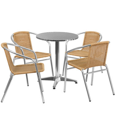 Lila 23.5'' Round Aluminum Indoor-Outdoor Table Set with 4 Beige Rattan Chairs TLH-ALUM-24RD-020BGECHR4-GG