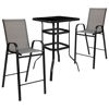 Brazos Outdoor Dining Set - 2-Person Bistro Set - Brazos Outdoor Glass Bar Table with Gray All-Weather Patio Stools TLH-073H092H-GR-GG