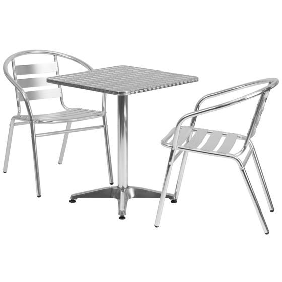 Lila 23.5'' Square Aluminum Indoor-Outdoor Table Set with 2 Slat Back Chairs TLH-ALUM-24SQ-017BCHR2-GG