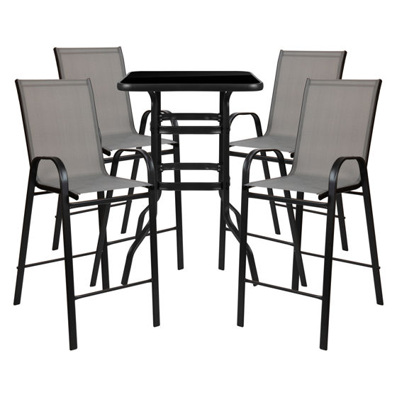 Brazos Outdoor Dining Set - 4-Person Bistro Set - Brazos Outdoor Glass Bar Table with Gray All-Weather Patio Stools TLH-073H092H4-GR-GG