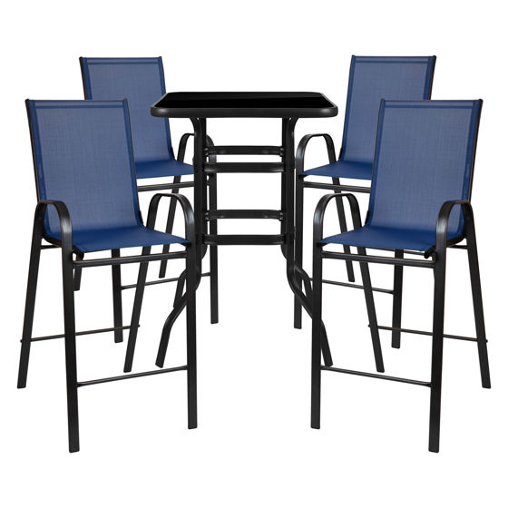 Brazos Outdoor Dining Set - 4-Person Bistro Set - Brazos Outdoor Glass Bar Table with Navy All-Weather Patio Stools TLH-073H092H4-NV-GG