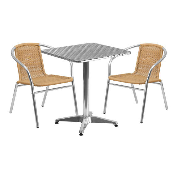 Lila 23.5'' Square Aluminum Indoor-Outdoor Table Set with 2 Beige Rattan Chairs TLH-ALUM-24SQ-020BGECHR2-GG