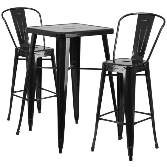 Commercial Gra de 23.75" Square Black Metal Indoor-Outdoor Bar Table Set with 2 Stools with Backs CH-31330B-2-30GB-BK-GG