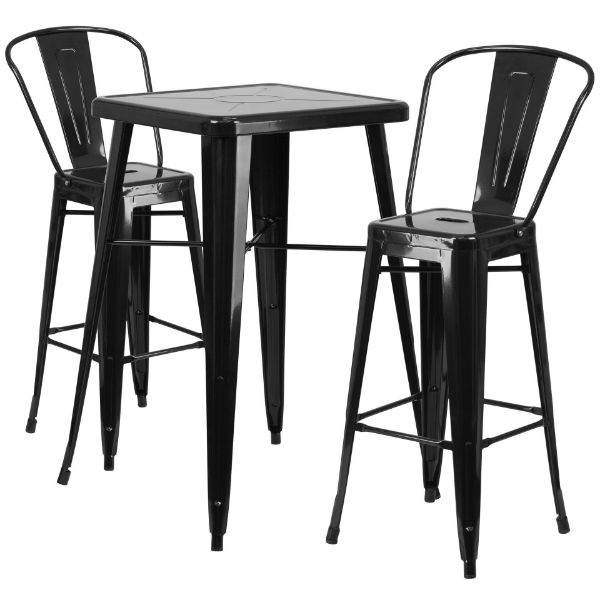 Commercial Gra de 23.75" Square Black Metal Indoor-Outdoor Bar Table Set with 2 Stools with Backs CH-31330B-2-30GB-BK-GG