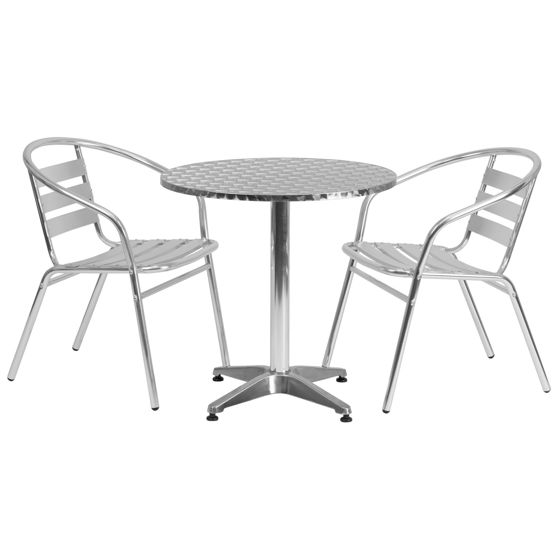 Lila 27.5'' Round Aluminum Indoor-Outdoor Table Set with 2 Slat Back Chairs TLH-ALUM-28RD-017BCHR2-GG