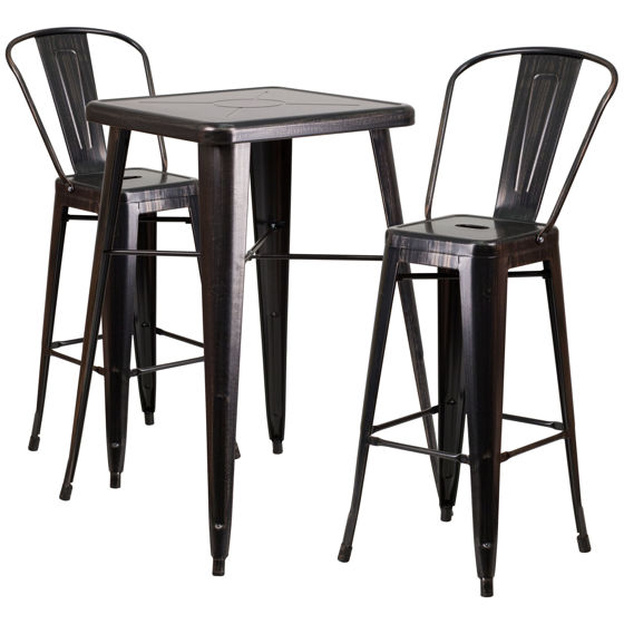 Commercial Grade 23.75" Square Black-Antique Gold Metal Indoor-Outdoor Bar Table Set with 2 Stools with Backs CH-31330B-2-30GB-BQ-GG