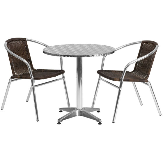 Lila 27.5'' Round Aluminum Indoor-Outdoor Table Set with 2 Dark Brown Rattan Chairs TLH-ALUM-28RD-020CHR2-GG