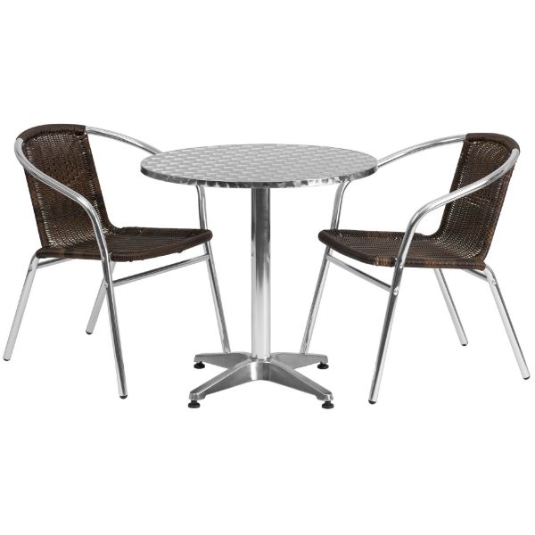 Lila 27.5'' Round Aluminum Indoor-Outdoor Table Set with 2 Dark Brown Rattan Chairs TLH-ALUM-28RD-020CHR2-GG