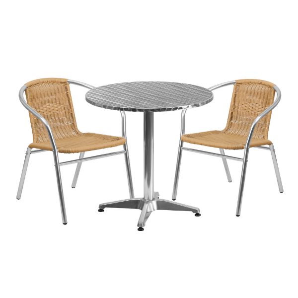Lila 27.5'' Round Aluminum Indoor-Outdoor Table Set with 2 Beige Rattan Chairs TLH-ALUM-28RD-020BGECHR2-GG