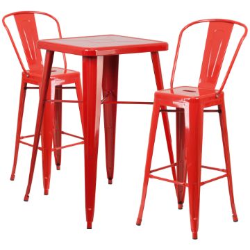 Commercial Grade 23.75" Square Red Metal Indoor-Outdoor Bar Table Set with 2 Stools with Backs CH-31330B-2-30GB-RED-GG Commercial Grade 23.75" Square Red Metal Indoor-Outdoor Bar Table Set with 2 Stools with Backs CH-31330B-2-30GB-RED-GG