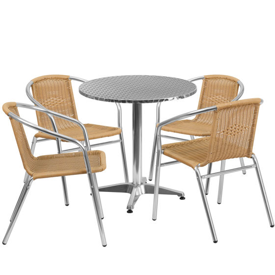 Lila 27.5'' Round Aluminum Indoor-Outdoor Table Set with 4 Beige Rattan Chairs TLH-ALUM-28RD-020BGECHR4-GG