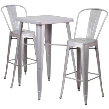 Commercial Grade 23.75" Square Silver Metal Indoor-Outdoor Bar Table Set with 2 Stools with Backs CH-31330B-2-30GB-SIL-GG Commercial Grade 23.75" Square Silver Metal Indoor-Outdoor Bar Table Set with 2 Stools with Backs CH-31330B-2-30GB-SIL-GG