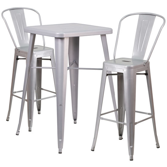 Commercial Grade 23.75" Square Silver Metal Indoor-Outdoor Bar Table Set with 2 Stools with Backs CH-31330B-2-30GB-SIL-GG