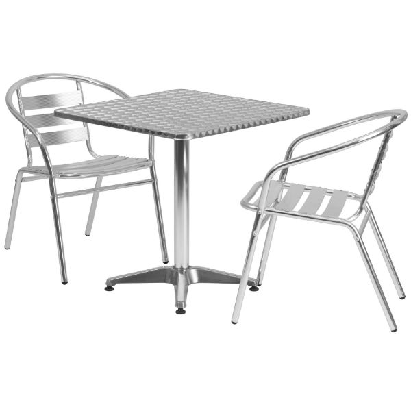 Lila 27.5'' Square Aluminum Indoor-Outdoor Table Set with 2 Slat Back Chairs TLH-ALUM-28SQ-017BCHR2-GG