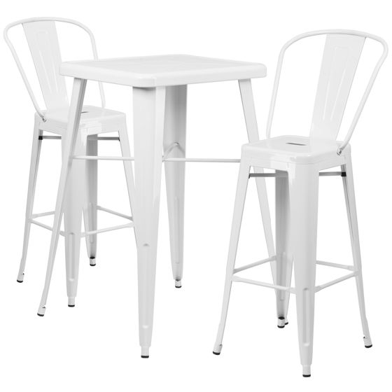 Commercial Grade 23.75" Square White Metal Indoor-Outdoor Bar Table Set with 2 Stools with Backs CH-31330B-2-30GB-WH-GG