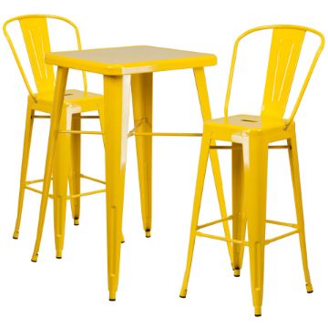 Commercial Grade 23.75" Square Yellow Metal Indoor-Outdoor Bar Table Set with 2 Stools with Backs CH-31330B-2-30GB-YL-GG Commercial Grade 23.75" Square Yellow Metal Indoor-Outdoor Bar Table Set with 2 Stools with Backs CH-31330B-2-30GB-YL-GG