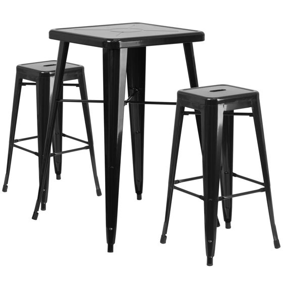 Commercial Grade 23.75" Square Black Metal Indoor-Outdoor Bar Table Set with 2 Square Seat Backless Stools CH-31330B-2-30SQ-BK-GG