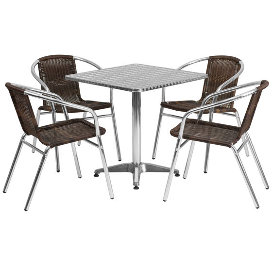 Lila 27.5'' Square Aluminum Indoor-Outdoor Table Set with 4 Dark Brown Rattan Chairs TLH-ALUM-28SQ-020CHR4-GG