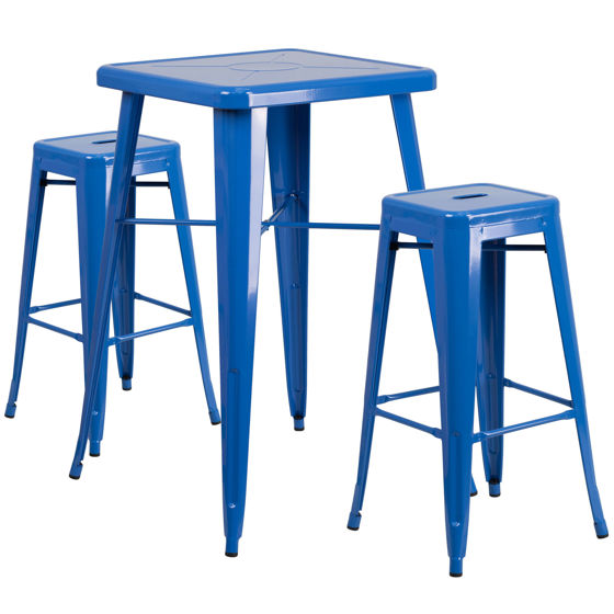 Commercial Grade 23.75" Square Blue Metal Indoor-Outdoor Bar Table Set with 2 Square Seat Backless Stools CH-31330B-2-30SQ-BL-GG