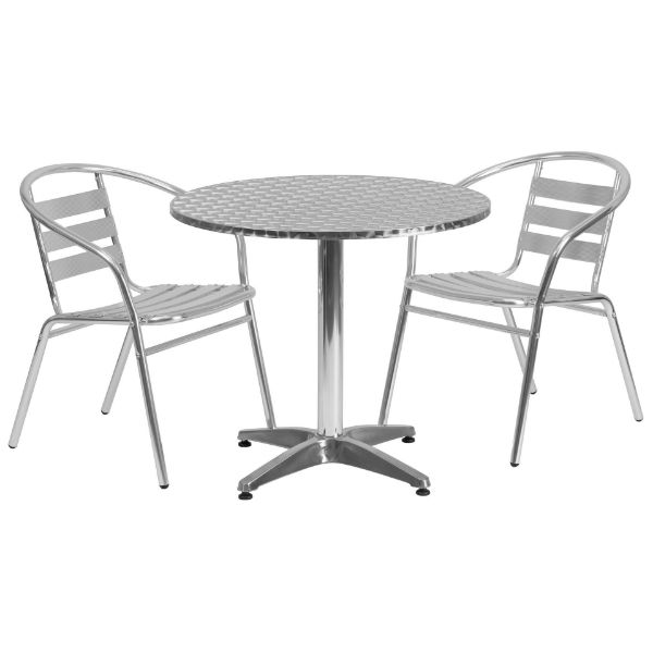 Lila 31.5'' Round Aluminum Indoor-Outdoor Table Set with 2 Slat Back Chairs TLH-ALUM-32RD-017BCHR2-GG